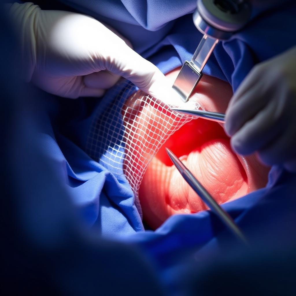 Surgeon examining a mesh hernia repair model with abdominal anatomy diagram