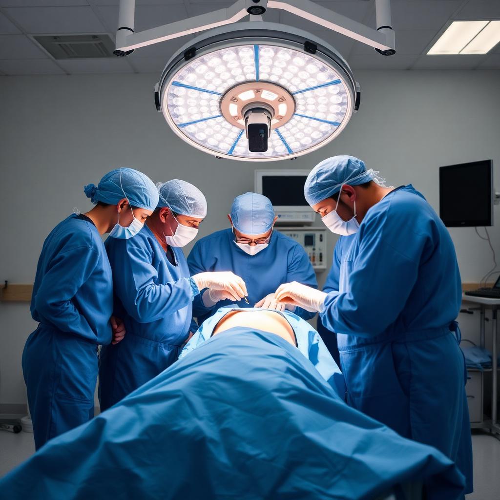 Surgical team performing minimally invasive spleen removal in a modern operating theater