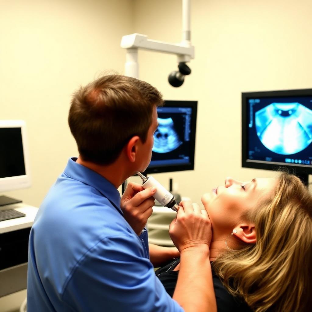 Doctor examining a patient's neck and thyroid during exam