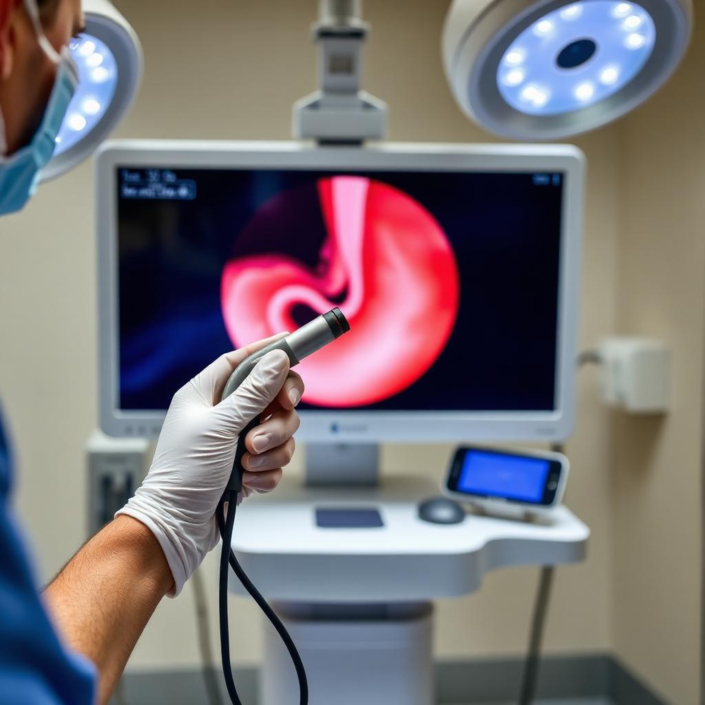 Gastroenterologist discussing GERD treatment with a patient using a stomach anatomical model